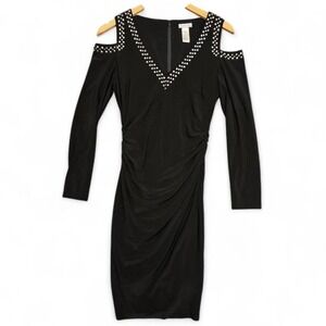Y2K Cache Dress Womens 6 Black Cold Shoulder Ruched Rhinestone Indie